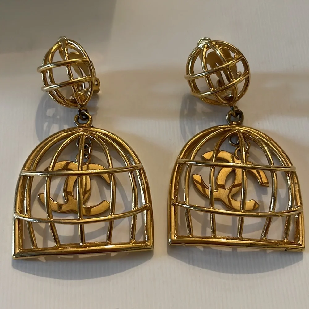 Chanel Large Birdcage 1990’s Gold Earrings with Box CC Vintage Iconic